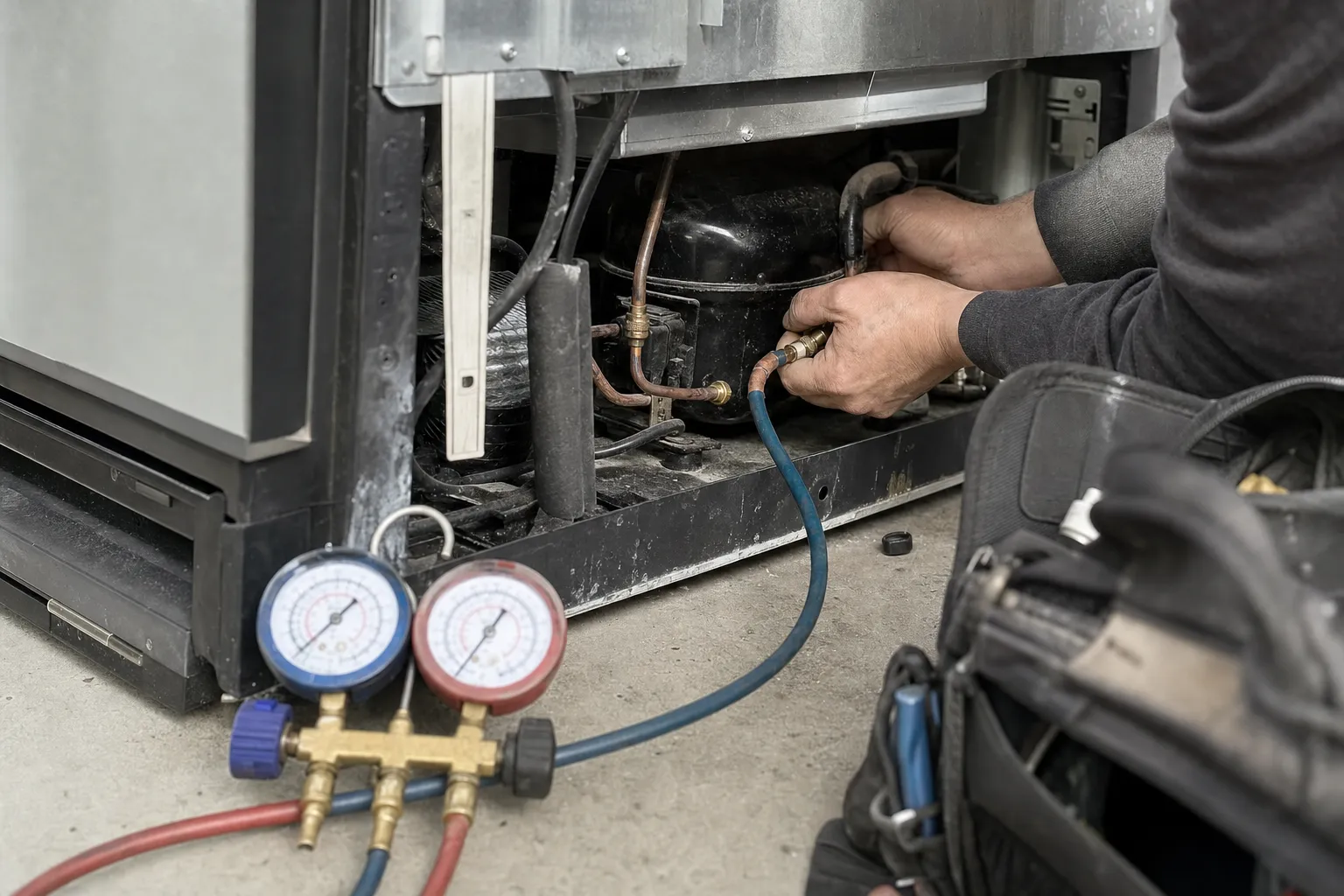 Manifold gauges connected to the compressor in the machine compartment of a refrigerator