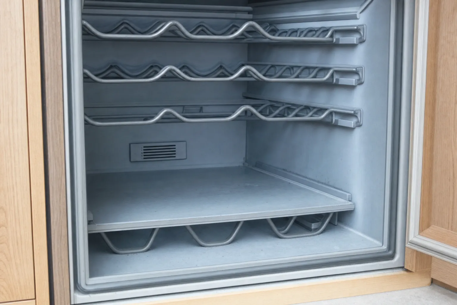 Empty undercounter wine cabinet interior with moulded metal bottle racks, built into wood cabinetry