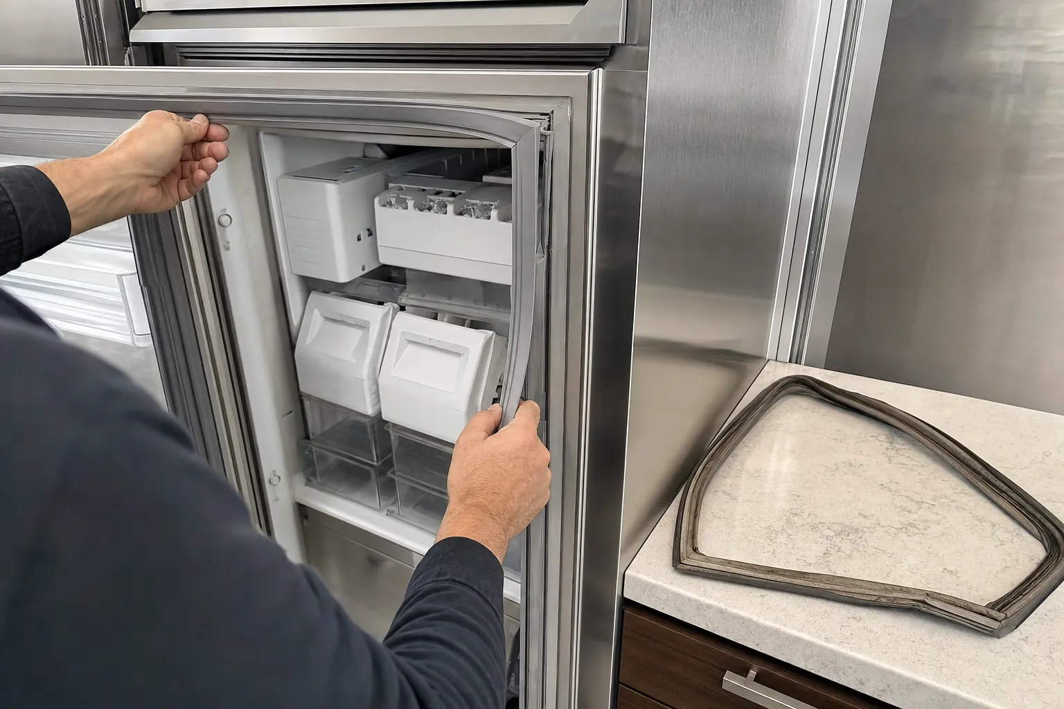 Freezer door held open at the ice maker and ice bins, the old door gasket laid out on the counter