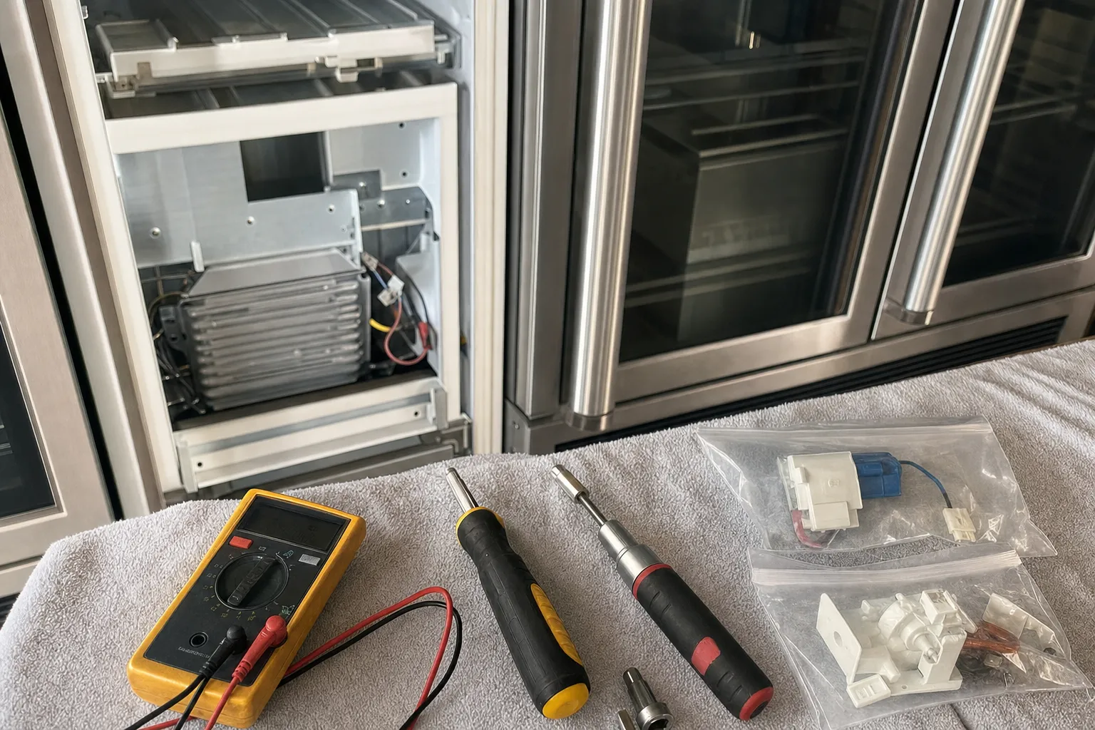 Multimeter, screwdrivers and bagged replacement parts laid out on a towel in front of an opened unit