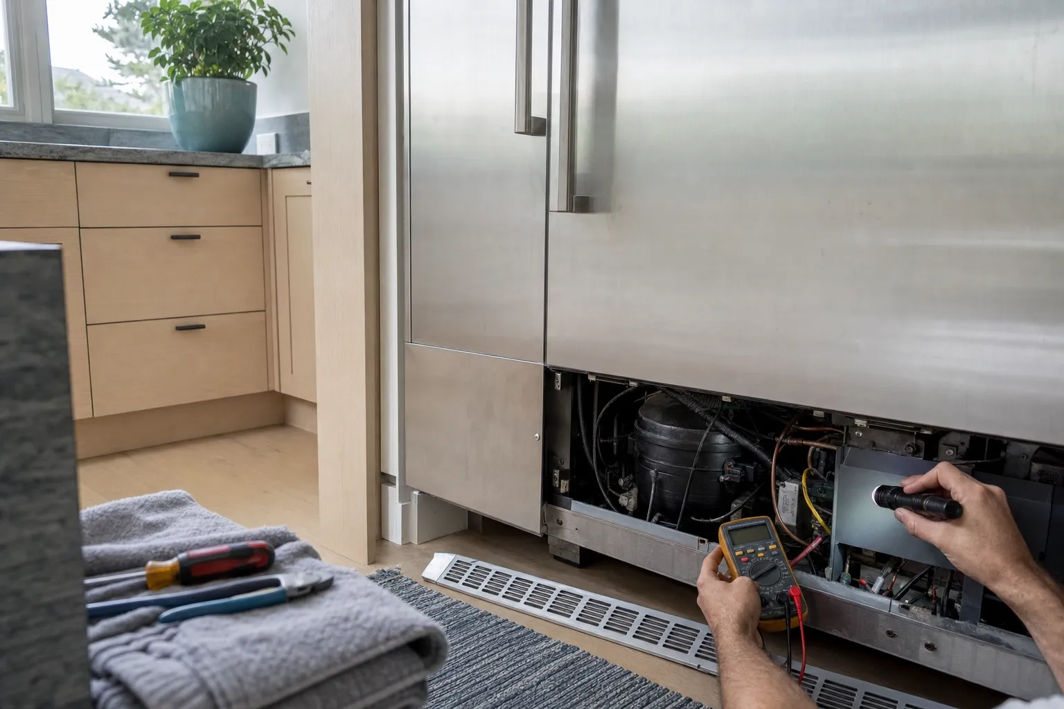 Base grille off a stainless built-in, one hand shining a torch at the compressor and wiring, the other holding a multimeter
