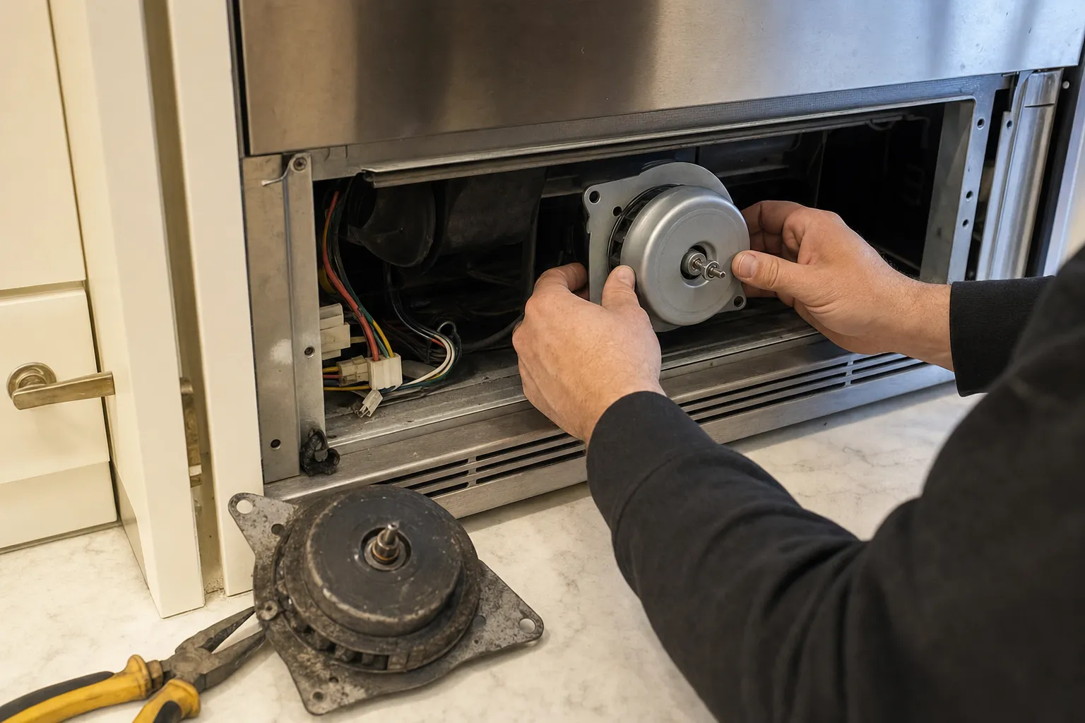 Hands fitting a replacement motor inside the machine compartment of a stainless unit, the removed motor and pliers on the floor